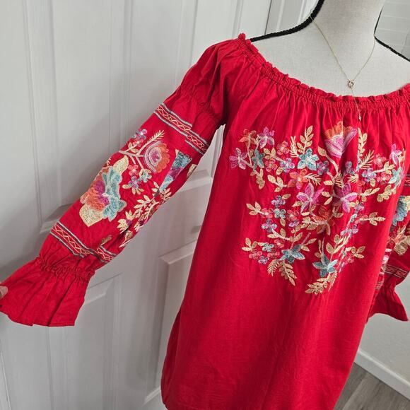 Free People Off Shoulder Embroidered Boho Dress S Red Floral Festival Gypsy Chic - Picture 3 of 12